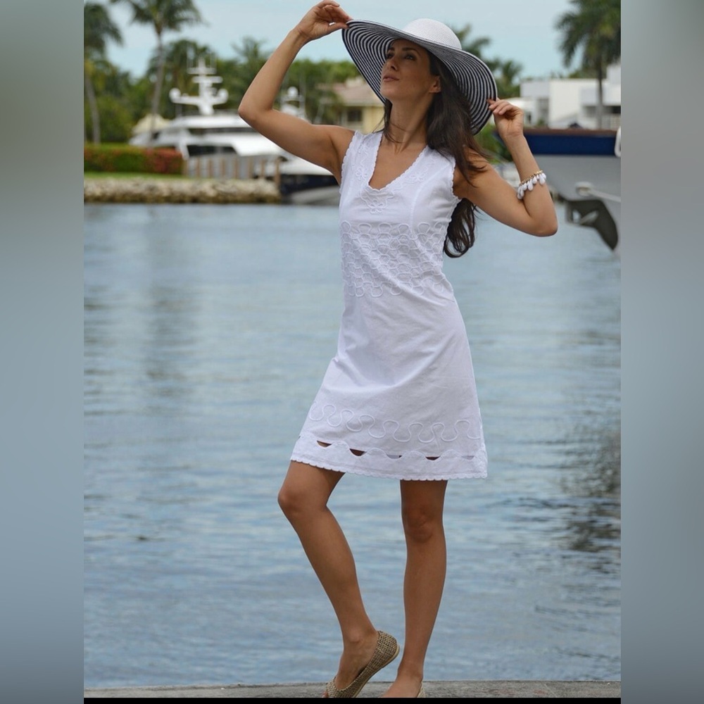Cotton Natural White Summer Preppy Classic Resort dress V neck sleeveless med